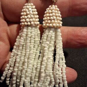 Elegant White Beaded Tassel Earrings